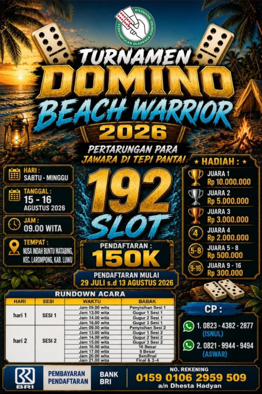 Turnamen Domino Beach Warrior 2026 Siap Digelar di Pantai Buntu Matabing Kabupaten Luwu